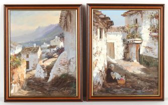 Manuel Cuberos (b.1933) - SPANISH VILLAGE SCENES - a pair, oils on canvas, each 13.8 by 10.85ins. (