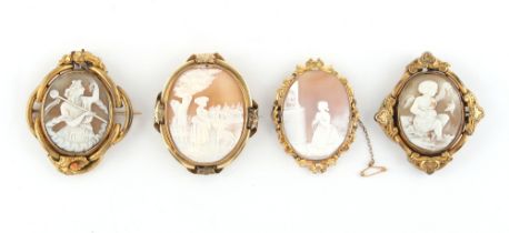 Property of a deceased estate - four 19th century carved shell cameo brooches, the largest 63mm long