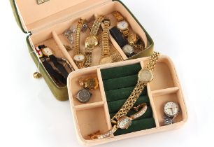 Property of a lady - a jewellery box containing assorted jewellery, mostly lady's wristwatches,