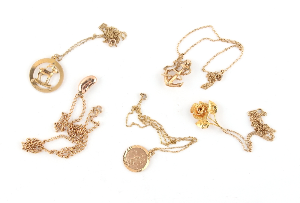 Property of a deceased estate - five various 9ct gold pendants on 9ct gold chain necklaces,