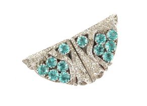 Property of a lady - a good quality Art Deco period faux zircon & clear paste double clip brooch,