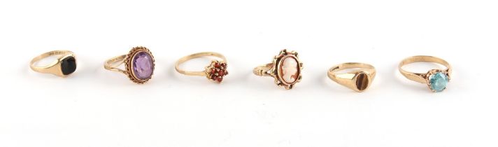 Property of a deceased estate - six assorted 9ct yellow gold dress rings, approximately 12.0 grams