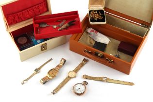 Property of a deceased estate - two jewellery boxes containing assorted costume jewellery, watches &