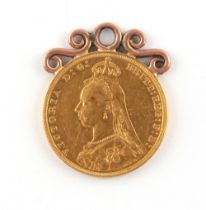 Property of a deceased estate - a Queen Victoria 1887 full sovereign coin, mounted as a pendant,