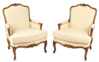 Property of a deceased estate - a pair of French Louis XV style carved beechwood & upholstered