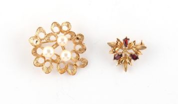 Property of a deceased estate - a 9ct gold brooch set with three pearls (the pin not gold); together