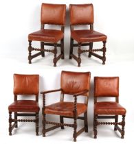 Property of a lady - a set of five oak barleytwist & brown leather upholstered dining chairs