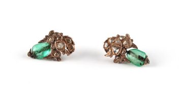 Property of a lady - a pair of 19th century emerald drop & rose-cut diamond earrings, one emerald