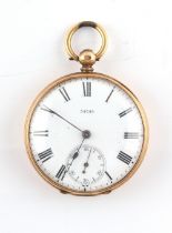 Property of a deceased estate - a Victorian 14ct gold cased open faced pocket watch, the enamel dial