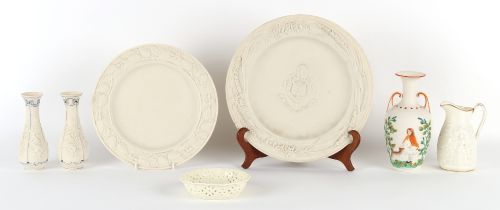 A group of six parian items including a Winchester large 'Manners Maketh Man' dish, 13.25ins. (33.