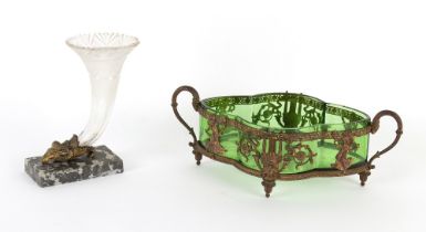 Property of a lady - a late 19th / early 20th century gilt metal quatrefoil dish with green glass