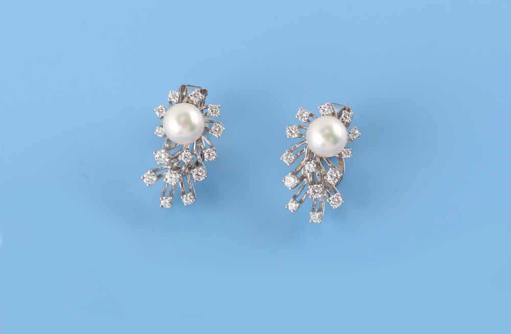 A pair of 18ct white gold diamond & pearl earrings, the estimated total diamond weight 1.54