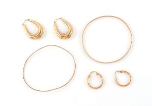 Property of a lady - two 9ct yellow gold bangles; together with a pair of 9ct gold earrings; and a