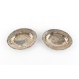 A pair of small George III silver oval dishes, each with engraved monogram & tower heraldic motif,