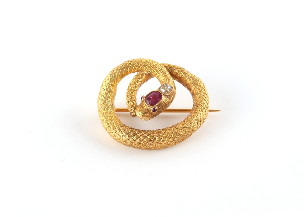 A yellow gold ruby & diamond set snake brooch, the oval cut ruby measuring approximately 4.80 by 4.