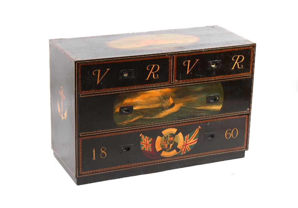 Property of a gentleman - a late 19th century painted pine chest of drawers with mahogany lined