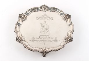 Property of a gentleman - a George II silver salver or waiter with engraved Masonic inscription