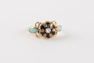A 19th century unmarked yellow gold opal diamond & black enamel ring, the black enamel flowerhead
