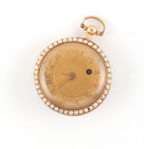 A 19th century Continental yellow gold mid size pocket watch, set with turquoise & seed pearls,