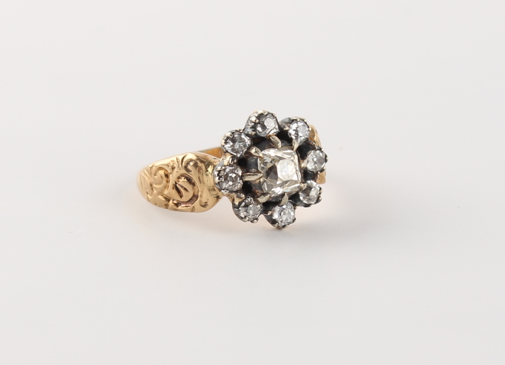 A 19th century unmarked yellow gold diamond cluster ring, the estimated total diamond weight 1.25 - Image 2 of 2