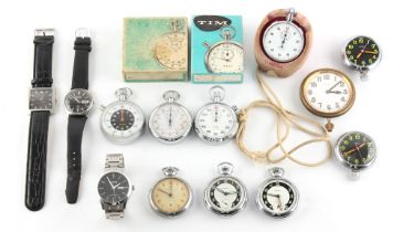 Property of a deceased estate - a CWC military stop watch, an Omega stop watch, two other stop