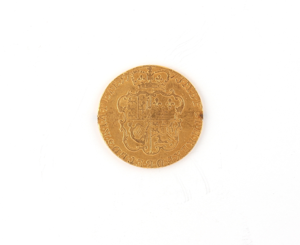 Property of a lady - gold coin - a 1773 George III gold guinea, shield back, small drilled hole to - Image 2 of 3