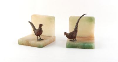 Property of a gentleman - a pair of alabaster & cold painted spelter pheasant book ends (2).