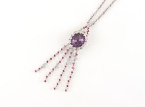 Property of a lady - an 18ct white gold amethyst ruby & diamond pendant on chain necklace, the