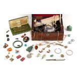 Property of a deceased estate - a box containing assorted costume jewellery including jade items,