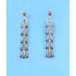 A pair of yellow gold sapphire & diamond articulated long earrings, the total sapphire weight