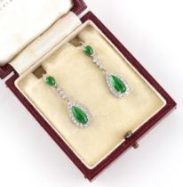 A pair of gem quality certificated untreated natural apple green jadeite & diamond pendant earrings,