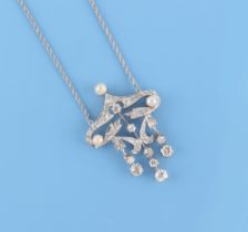 A Belle Epoque style diamond & pearl pendant on associated 14ct white gold chain necklace, the
