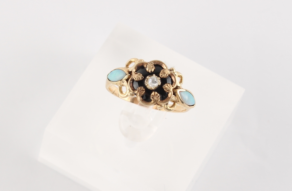 A 19th century unmarked yellow gold opal diamond & black enamel ring, the black enamel flowerhead - Image 2 of 2