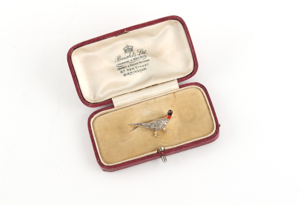 An unmarked yellow gold diamond & enamel Pheasant brooch, set with rose-cut diamonds, 30mm long,