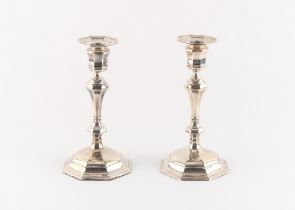 Property of a lady - a pair of silver octagonal baluster candlesticks, marks rubbed, Sheffield 1920,