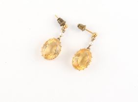 Property of a lady - a pair of unmarked yellow gold oval cut citrine & seed pearl earrings, each