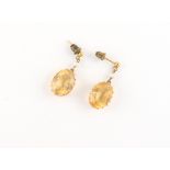 Property of a lady - a pair of unmarked yellow gold oval cut citrine & seed pearl earrings, each