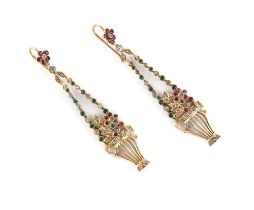 A pair of gilt metal & coloured paste pendant earrings modelled as suspended baskets of flowers,
