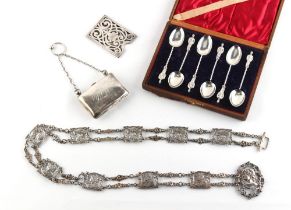 Property of a lady - an Edwardian silver panel belt, the panels with repousse female busts,