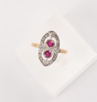 A Belle Epoque style 18ct yellow gold ruby & diamond ring, the two round cut rubies weighing