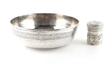Property of a gentleman - an unmarked Indian silver (tested) bowl, with engraved band, the centre