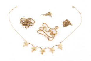 Property of a deceased estate - a 9ct gold leaf fringe necklace; together with four 9ct gold chain