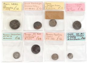 Property of a deceased estate - a collection of eight ancient Roman and Greek coins, including a