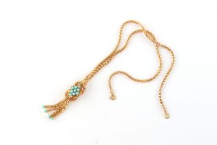 Property of a lady - a yellow gold (tests 18ct) tassel necklace set with turquoise, possibly