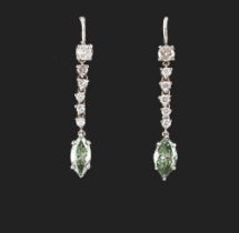 A pair of fancy bluish green diamond & white diamond pendant earrings, the two marquise cut fancy