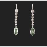 A pair of fancy bluish green diamond & white diamond pendant earrings, the two marquise cut fancy