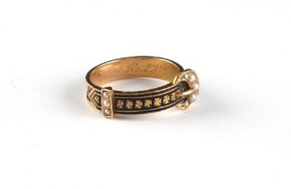 Property of a lady - a Victorian 15ct gold black enamel & seed pearl garter mourning ring, with
