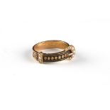 Property of a lady - a Victorian 15ct gold black enamel & seed pearl garter mourning ring, with