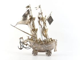 Property of a lady - a late 19th century Continental silver model of a galleon or neff, with crew on