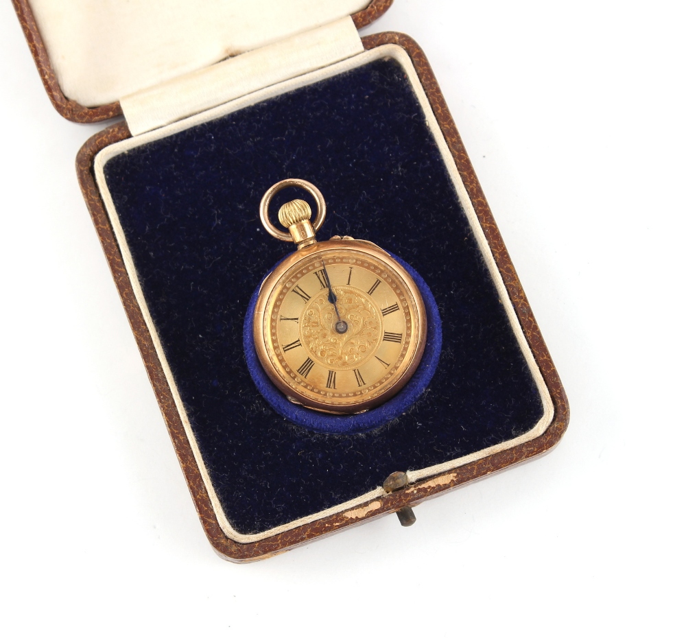 Property of a lady - a late 19th / early 20th century 18ct gold open faced fob watch, keyless